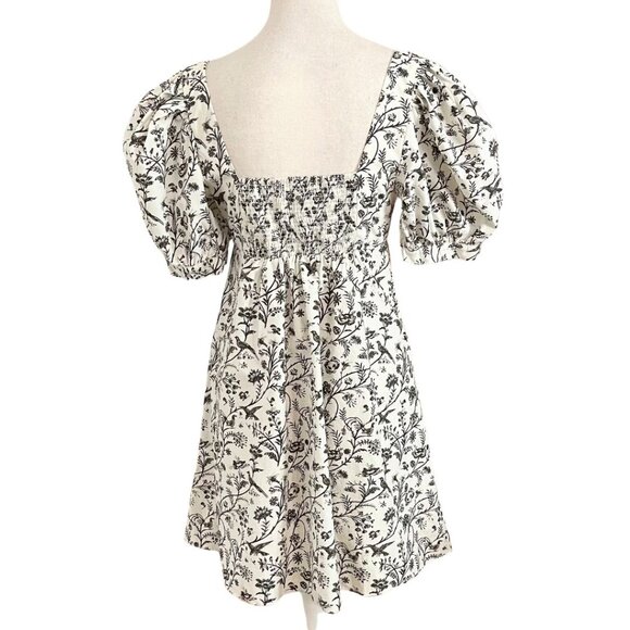 URBAN OUTFITTERS BLACK WHITE FLORAL PUFFY SLEEVE A-LINE BABYDOLL MINI DRESS - S - Picture 2 of 5